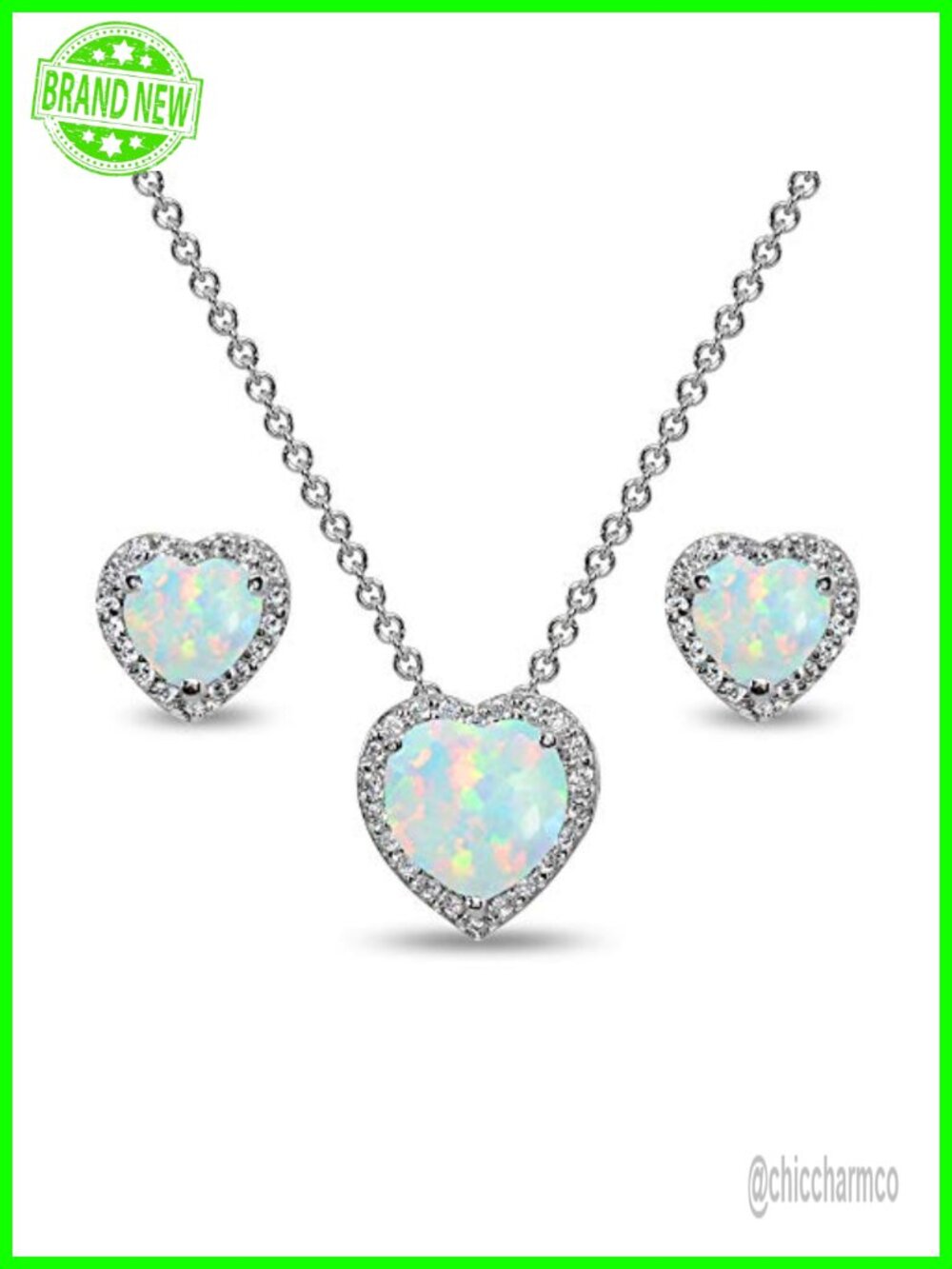 Sterling Silver Synthetic White Opal Heart Necklace & Stud Earrings Set